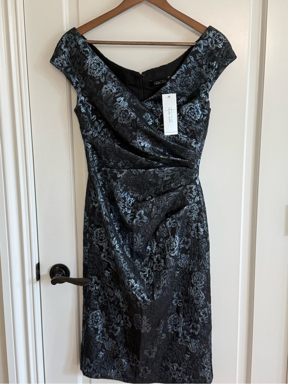 Rickie Freeman Teri Jon Metallic Blue Floral Jacquard Dress Size 2